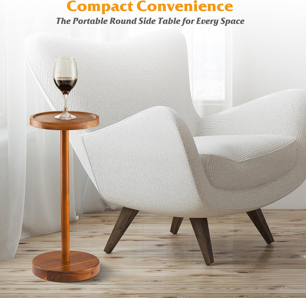 Drink Table, 24.4" Tall Compact Side Table with Phone Slot and Weighted Base, Durable Pedestal Table Accent for Living Room (Stepped Base, Acacia)