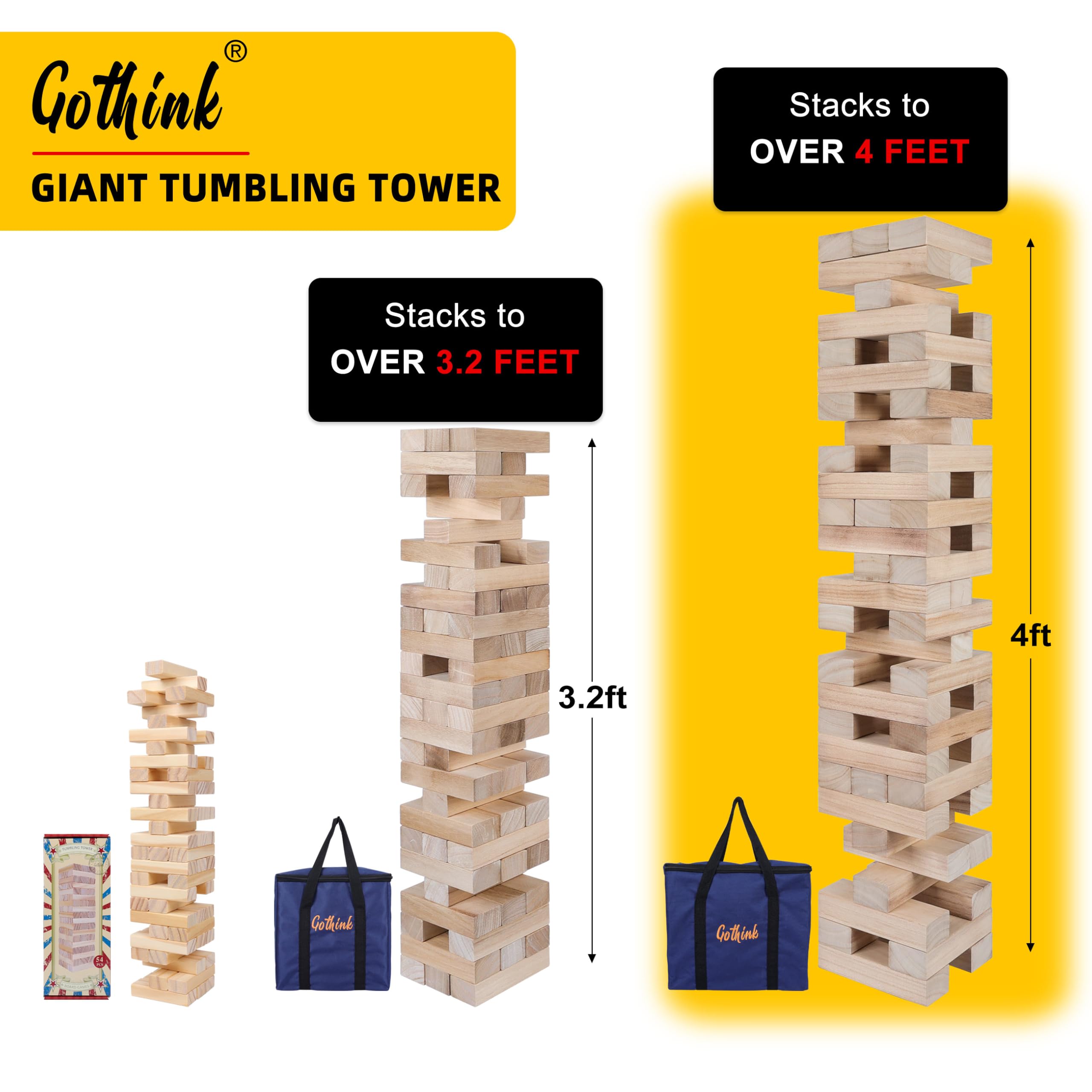 GOTHINK Giant Tumble Tower Game, Large Tumbling Tower Stack to Over 4 FT 54pcs Wooden Jumbo Blocks for Outside Yard Games with Carry Case Timber Stacking Game Night Toy Gift for Kids Adults Family