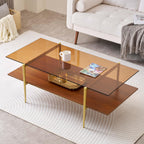 Extra Large Round Coffee Table, Mid-Century Modern Design, D34 x H17 in, for Living Room, 2-Tier Structure, Amber Glass Top and Walnut MDF Shelf, Sleek Conical Metal Legs with Gold Finish