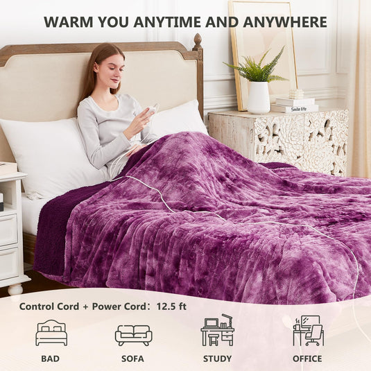 Homemate Heated Blanket Electric Throw - 50x60 Heating Blanket Throw 5 Gears Auto-Off 10 Heat Levels Heat Blanket Over-Heat Protection Luxury Faux Fur Sherpa Heater Blanket Electric ETL Certification