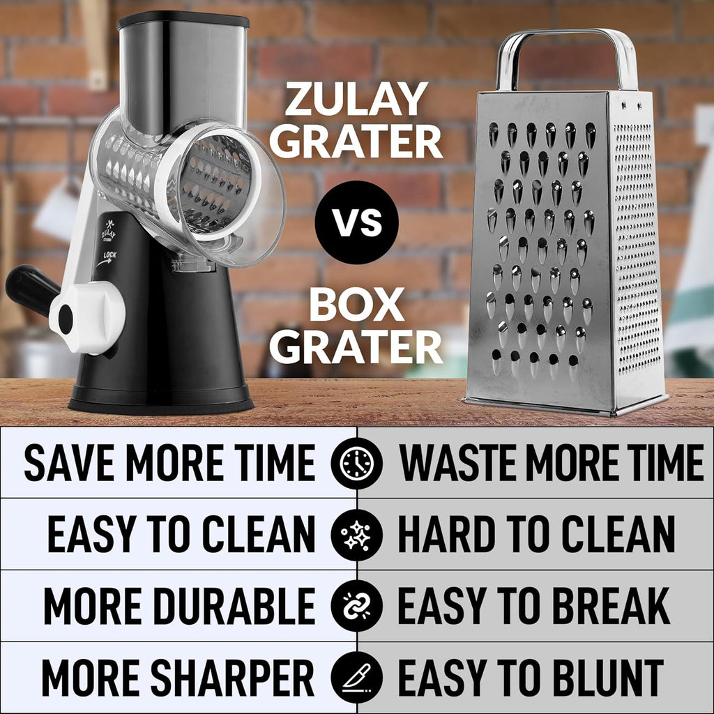 Zulay Rotary Cheese Grater 3 Blade Cheese Shredder - Manual Hand Crank Cheese Grater With Reinforced Suction & 3 Interchangeable Drums - Easy to Use Vegetable Chopper - Black
