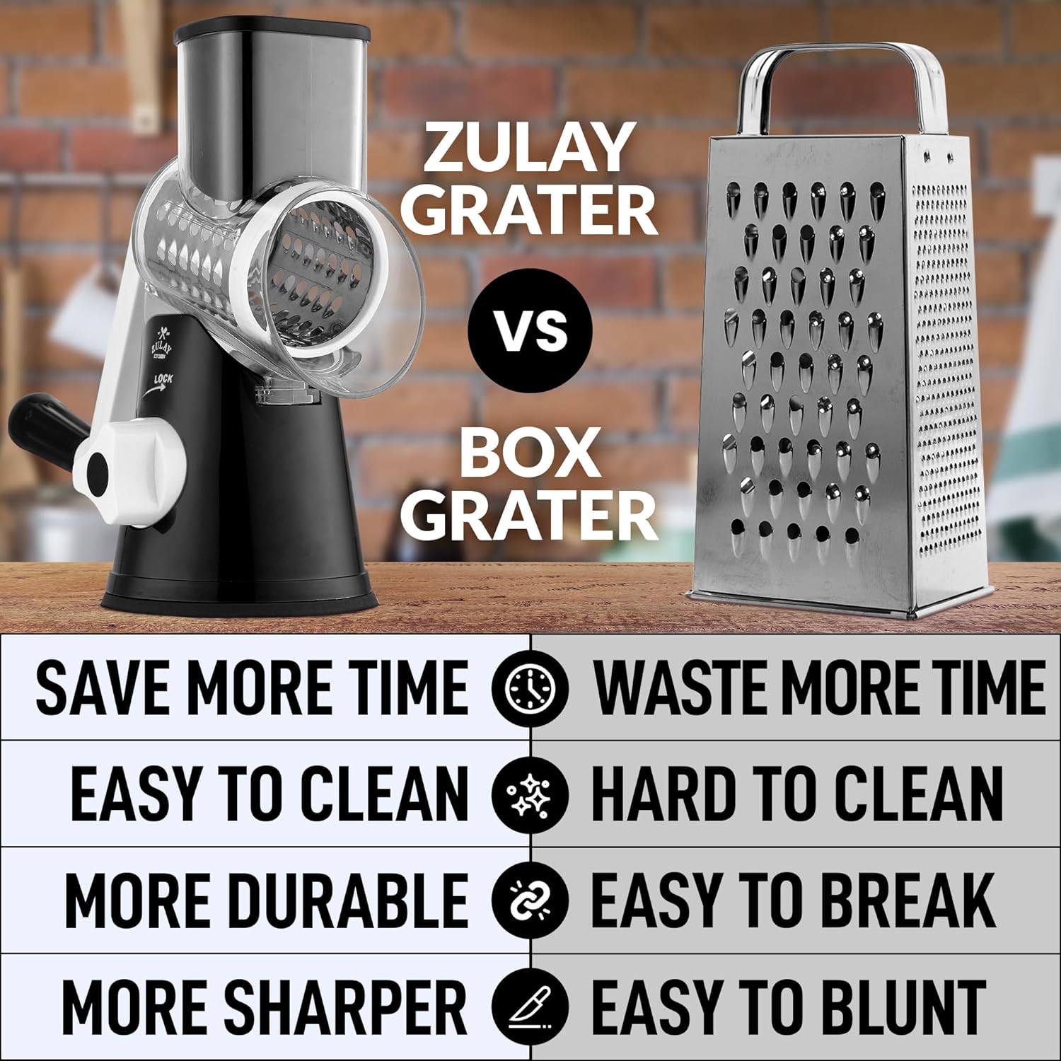 Zulay Rotary Cheese Grater 3 Blade Cheese Shredder - Manual Hand Crank Cheese Grater With Reinforced Suction & 3 Interchangeable Drums - Easy to Use Vegetable Chopper - Black