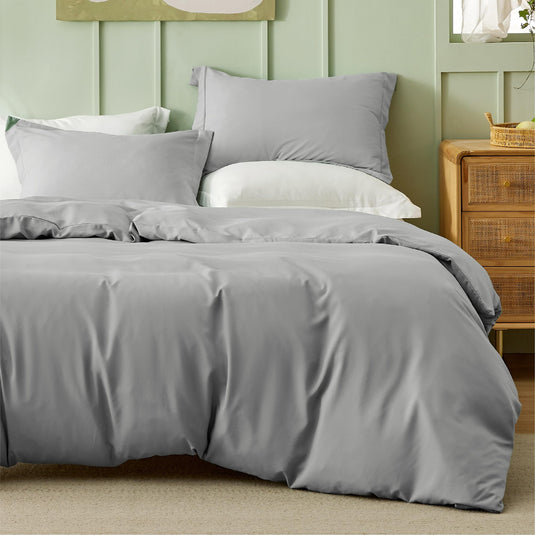 Bedsure Grey Duvet Cover Queen Size - Polyester & Rayon Derived from Bamboo Cooling Queen Duvet Cover Set, 3 Pieces, 1 Zipper Closure Duvet Cover (90"x90") & 2 Pillow Shams, Comforter Sold Separately