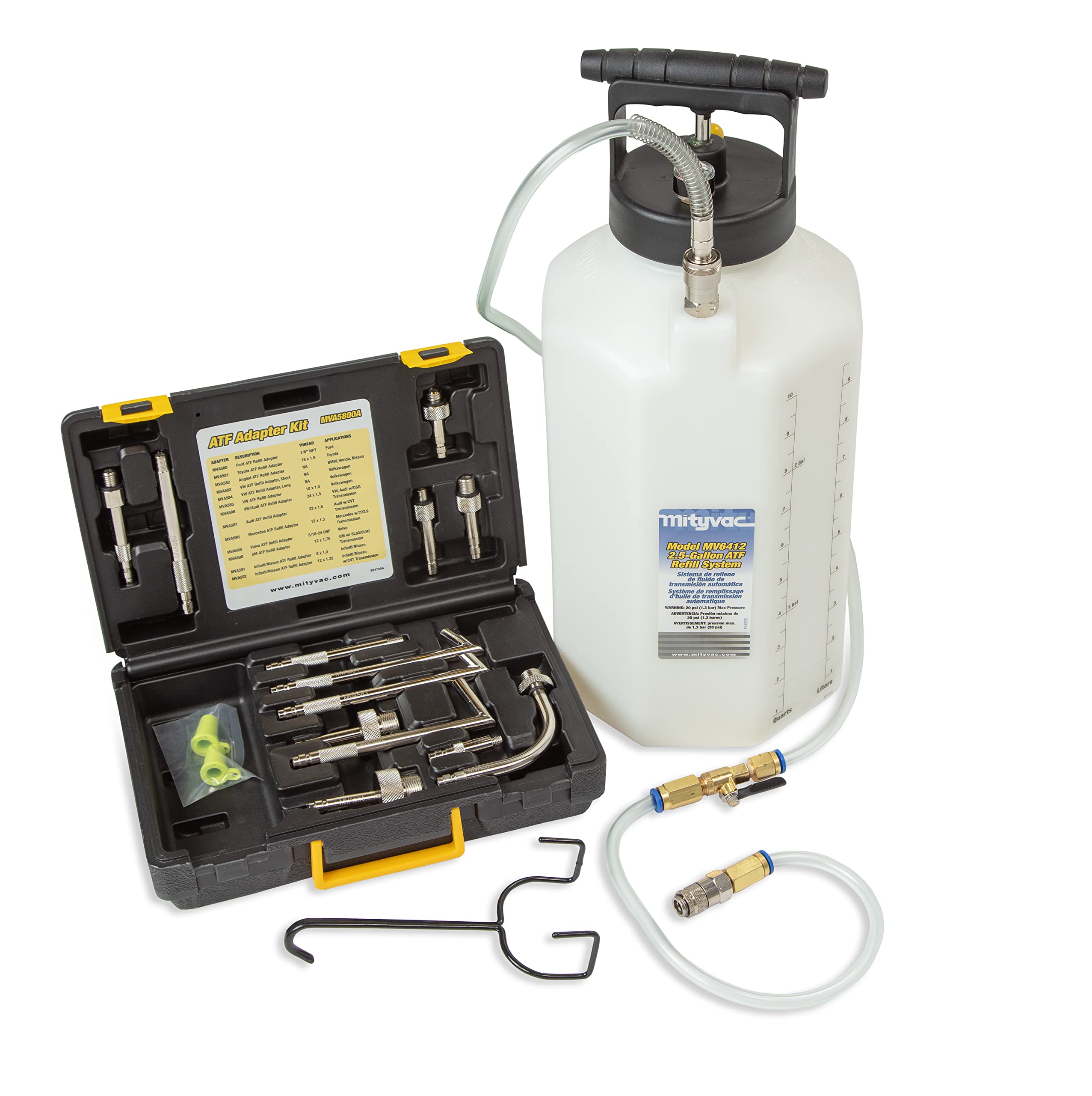 Mityvac MV7412 ATF Sealed Transmission Fluid Extractor and Refill Kit, 2.5 Gallon (10 Liter), Compressed Air, Isolated Flow Control, Pressure/Vacuum Switch Valves, MVA575 Flex Hose with Control Valve