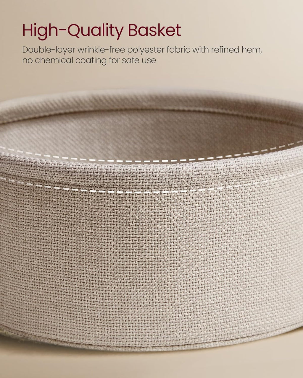 VASAGLE Small Round Side End Table, Modern Nightstand with Fabric Basket, Matte White and Camel Brown ULET223W10