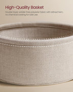 VASAGLE Small Round Side End Table, Modern Nightstand with Fabric Basket, Matte White and Camel Brown ULET223W10