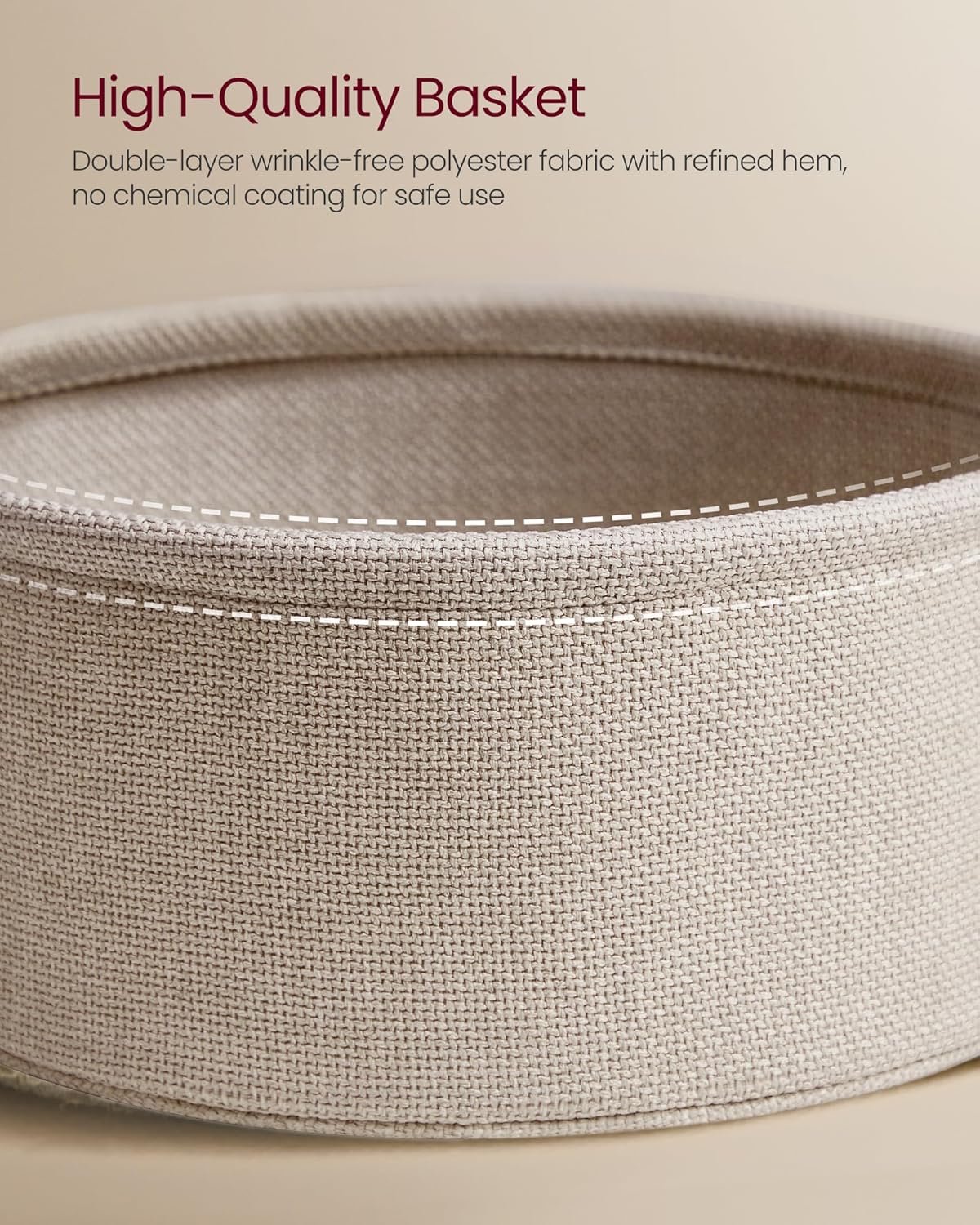 VASAGLE Small Round Side End Table, Modern Nightstand with Fabric Basket, Matte White and Camel Brown ULET223W10