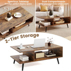 GOFLAME Wood Coffee Table, 2-Tier Mid Century Modern Center Table with 2 Open Storage Compartments & Metal Legs, Rectangular Accent Tea Tables for Living Room, Home Office, Apartment (Rustic Brown)