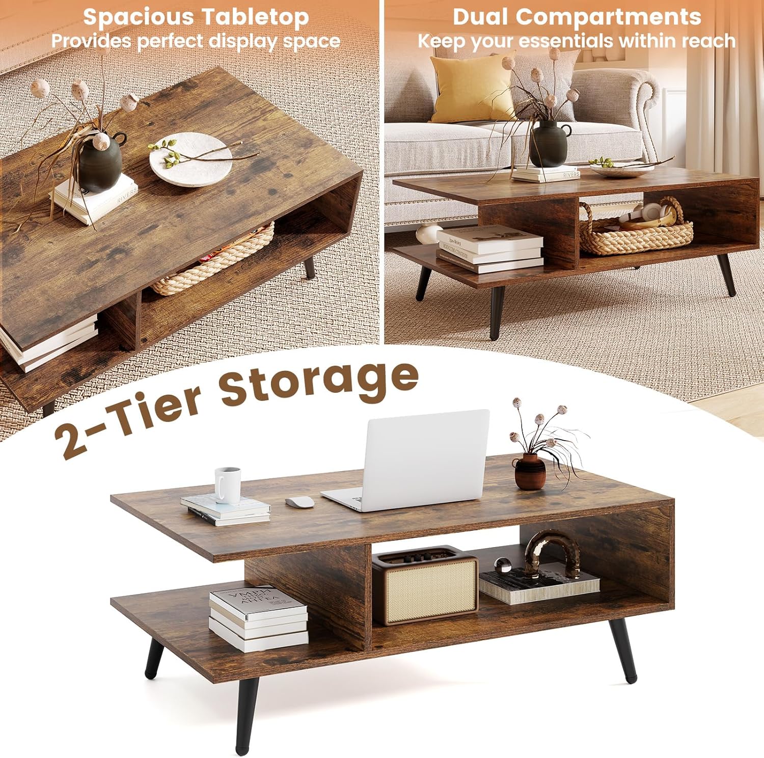 GOFLAME Wood Coffee Table, 2-Tier Mid Century Modern Center Table with 2 Open Storage Compartments & Metal Legs, Rectangular Accent Tea Tables for Living Room, Home Office, Apartment (Rustic Brown)