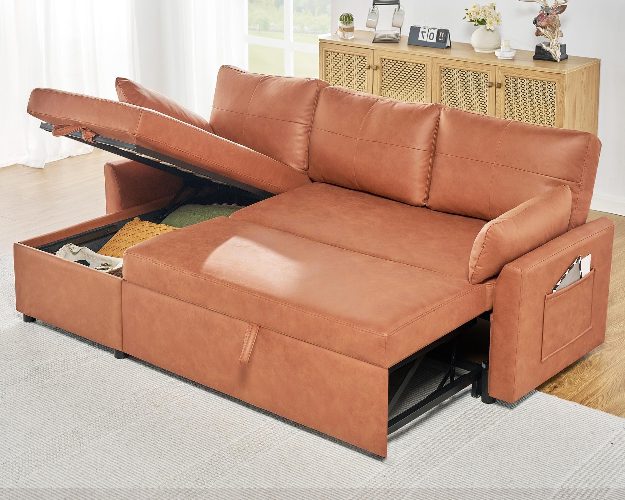 VanAcc Sleeper Sofa, Sofa Bed- 2 in 1 Pull Out Couch Bed with Storage Chaise for Living Room, White Sherpa Couch