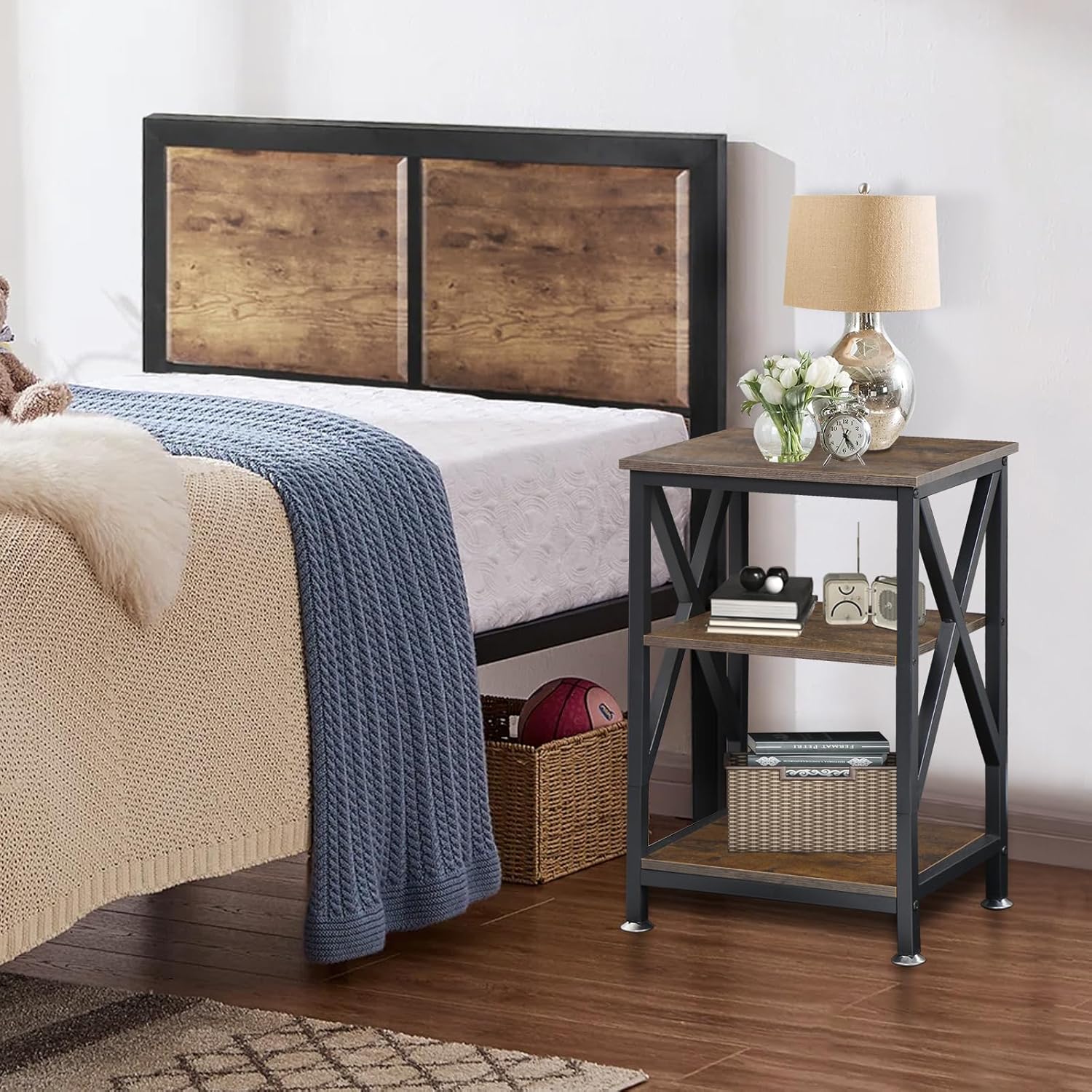 End Tables Living Room Set of 2 Farmhouse, Side Table with Storage Shelf, 16" W x 12" D x 24" H, 3 Tier Side Table Set of 2, X-Shaped Night Stands for Bedrooms, Coffee Table