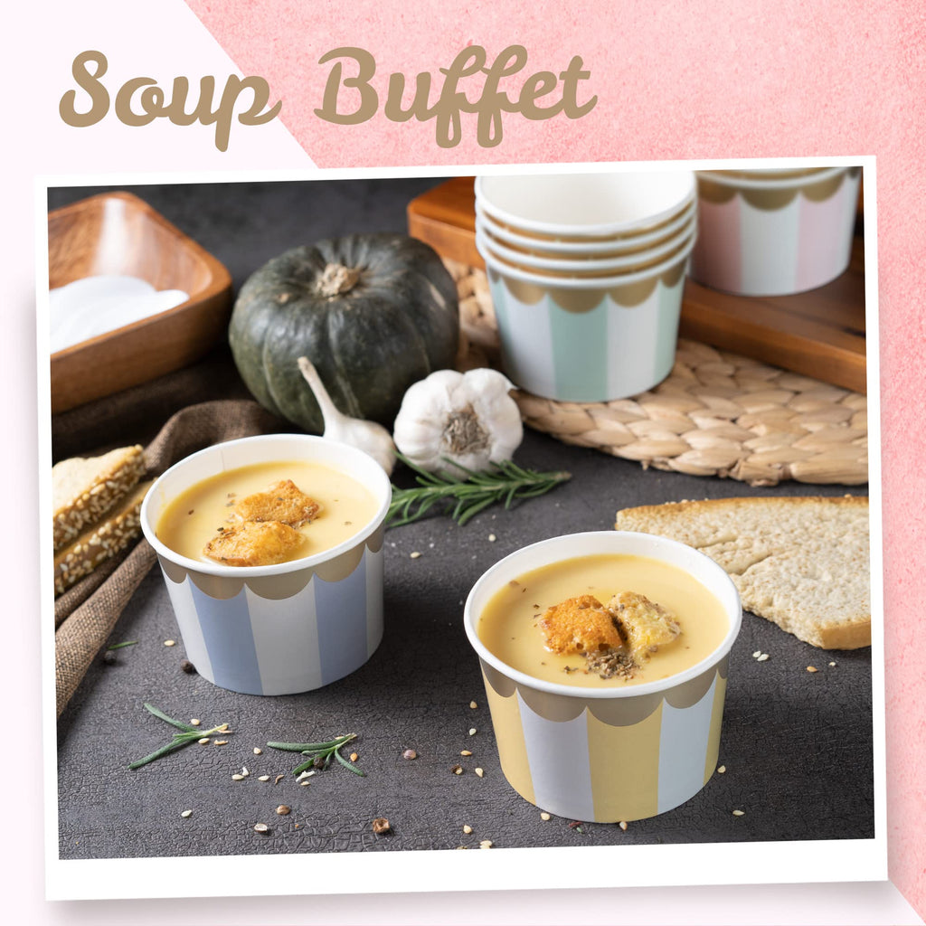 Paper Ice Cream Cups - 50-Count 9-Oz Disposable Dessert Bowls for Hot or Cold Food, 9-Ounce Party Supplies Treat Cups for Sundae, Frozen Yogurt, Soup, 5 Colors Pastel Stripes with Scalloped Gold Foil