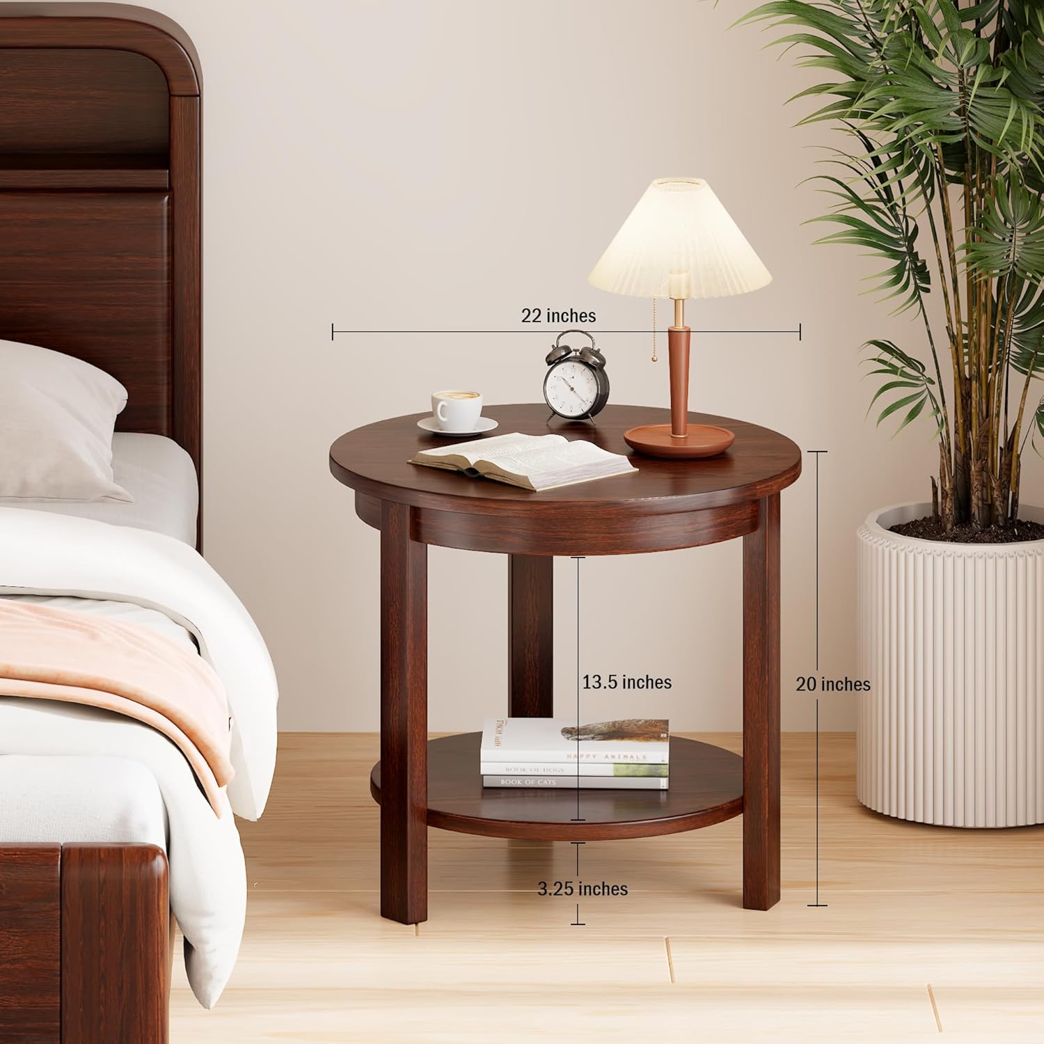 Small Round Wood Coffee Table with Storage Shelf, Living Room Side Table for Couch Sofa, 22 x 20 Inches, 5-Tier Mid Century Modern Wooden End Table for Bedroom, Walnut