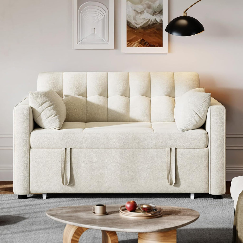 DWVO 3-in-1 Convertible Sofa Bed, 55" Sleeper Sofa with Pull-Out Bed, Cat-Scratch-Proof Fabric Futon Couch with Adjustable Backrest and Side Pocket, Loveseat for Living Room Apartment, Beige