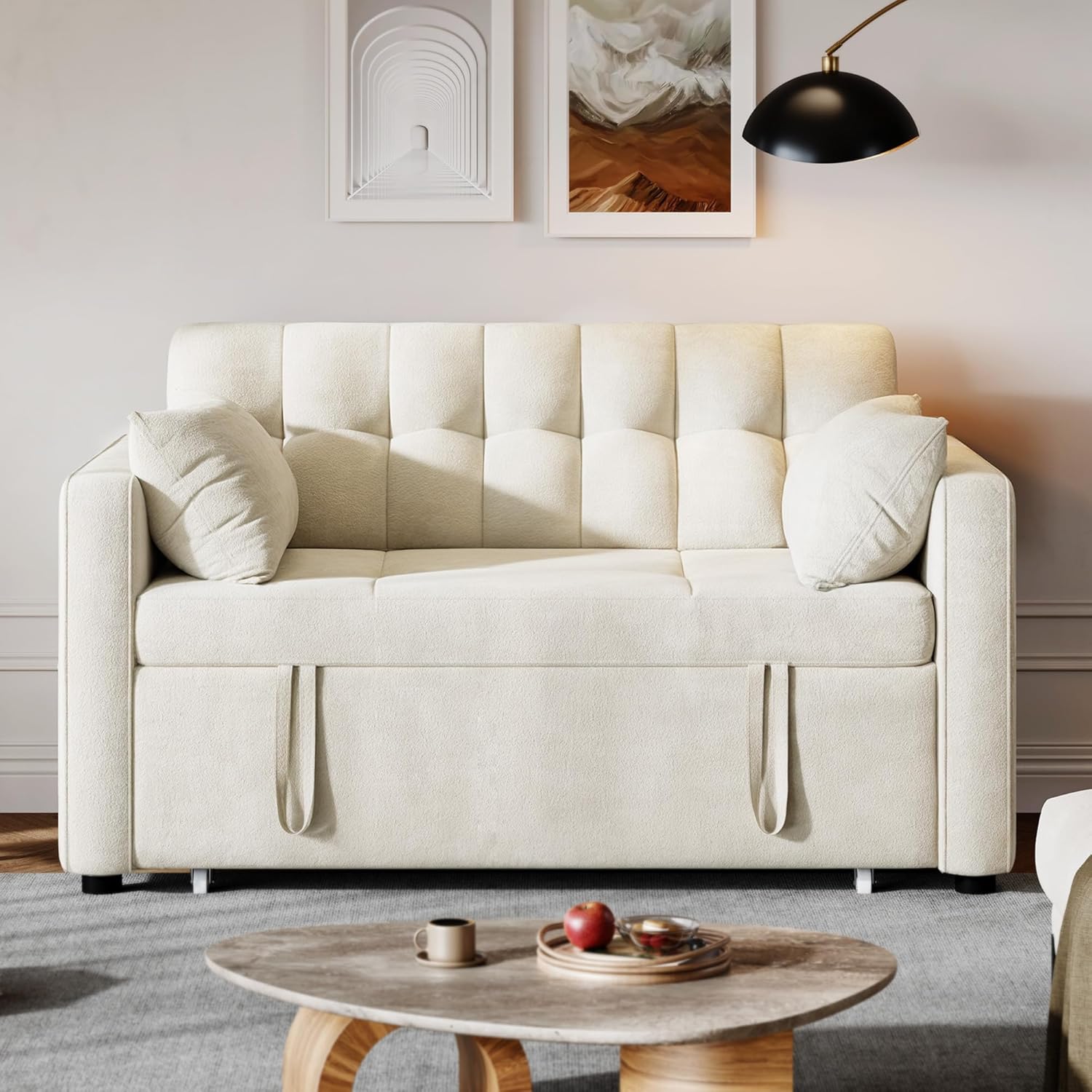 DWVO 3-in-1 Convertible Sofa Bed, 55" Sleeper Sofa with Pull-Out Bed, Cat-Scratch-Proof Fabric Futon Couch with Adjustable Backrest and Side Pocket, Loveseat for Living Room Apartment, Beige