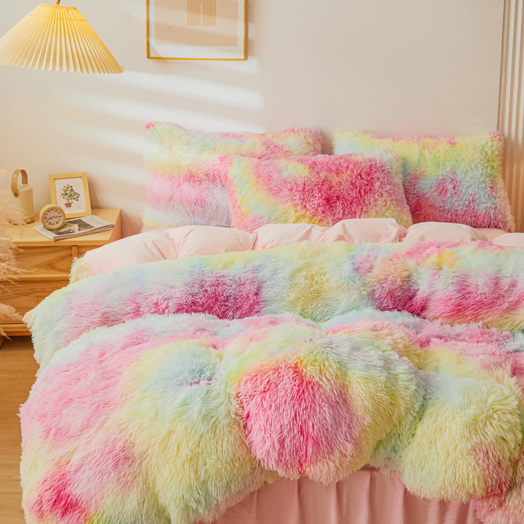 Fluffy Pink Faux Fur Comforter Cover Set，Fluffy Fuzzy Plush Pink Bedding 3Pcs (1 Faux Fur Duvet Cover +2 Fuzzy Pillowcases) Pink Fluffy Bed Set (Pink, Queen)