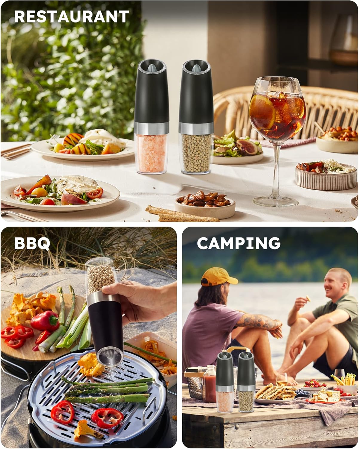 Sangcon Gravity Electric Pepper and Salt Grinder Mill Automatic Shaker Grinder with LED Light, Battery Powered Adjustable Coarseness One Hand Operation, Upgraded Larger Capacity, 1pc