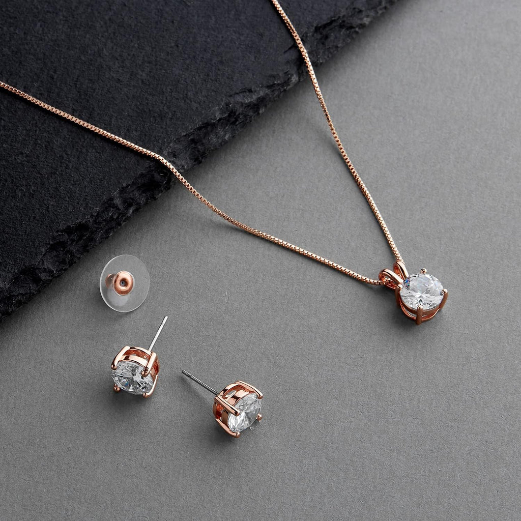 Mariell 14K Rose Gold Plated Cubic Zirconia Jewelry Set - 2cwt Round Pendant with Pierced Stud Earrings
