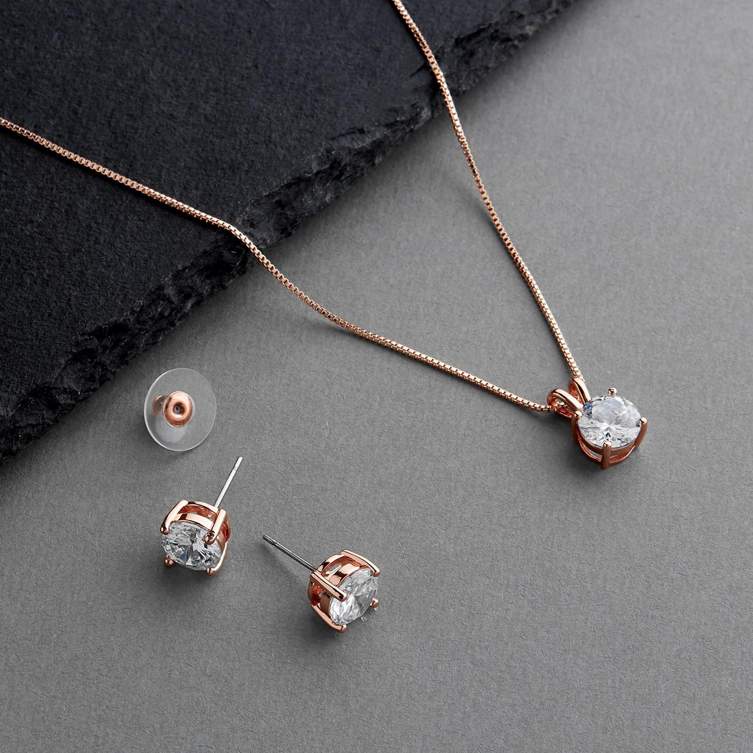 Mariell 14K Rose Gold Plated Cubic Zirconia Jewelry Set - 2cwt Round Pendant with Pierced Stud Earrings
