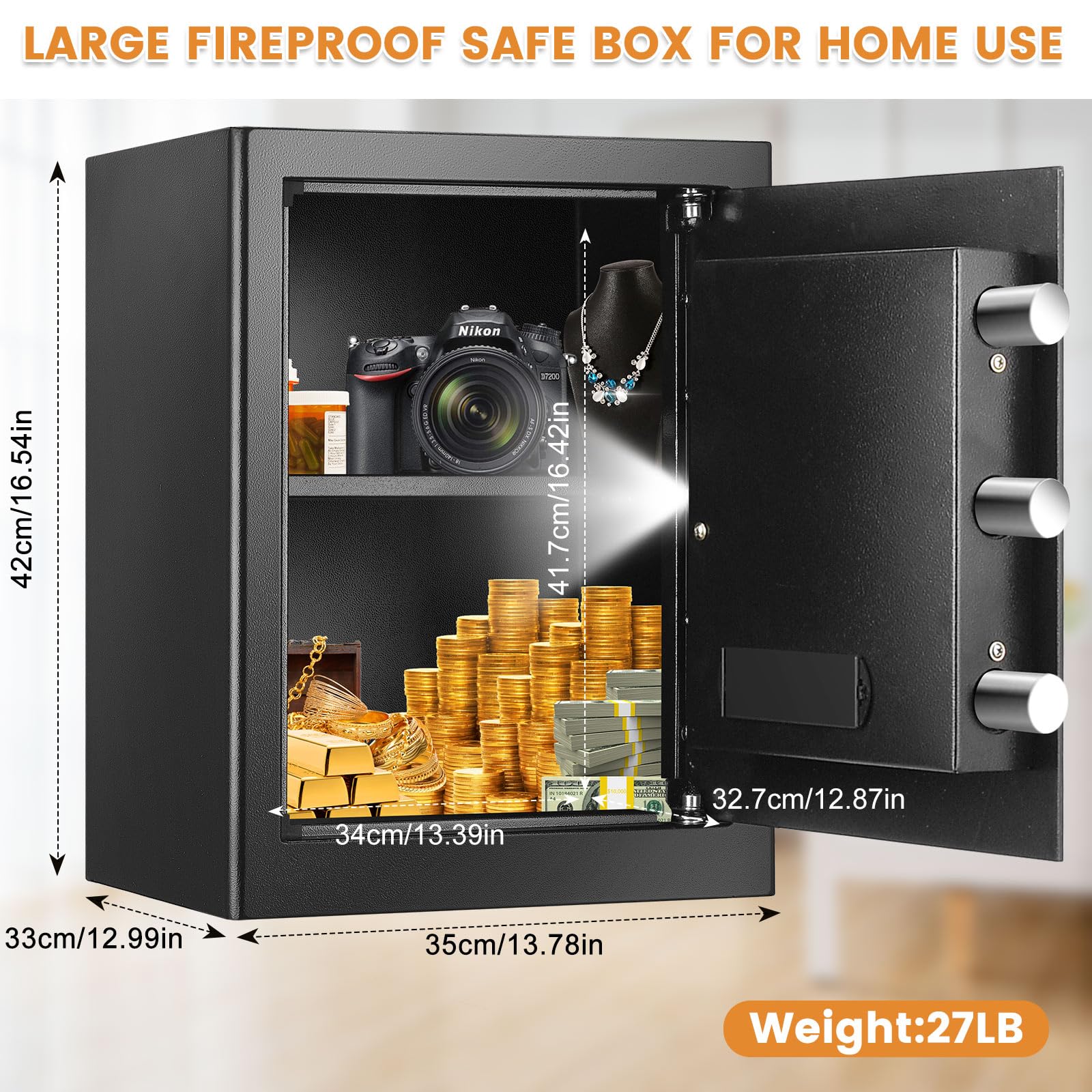 2.5 Cu ft Large Fire proof Safe Boxes for HOME USE, Digital Security Safe Box with Combination Lock & Fireproof A4 Document Bag, Home Safe Fireproof Waterproof for Money Medicine Documents Valuables