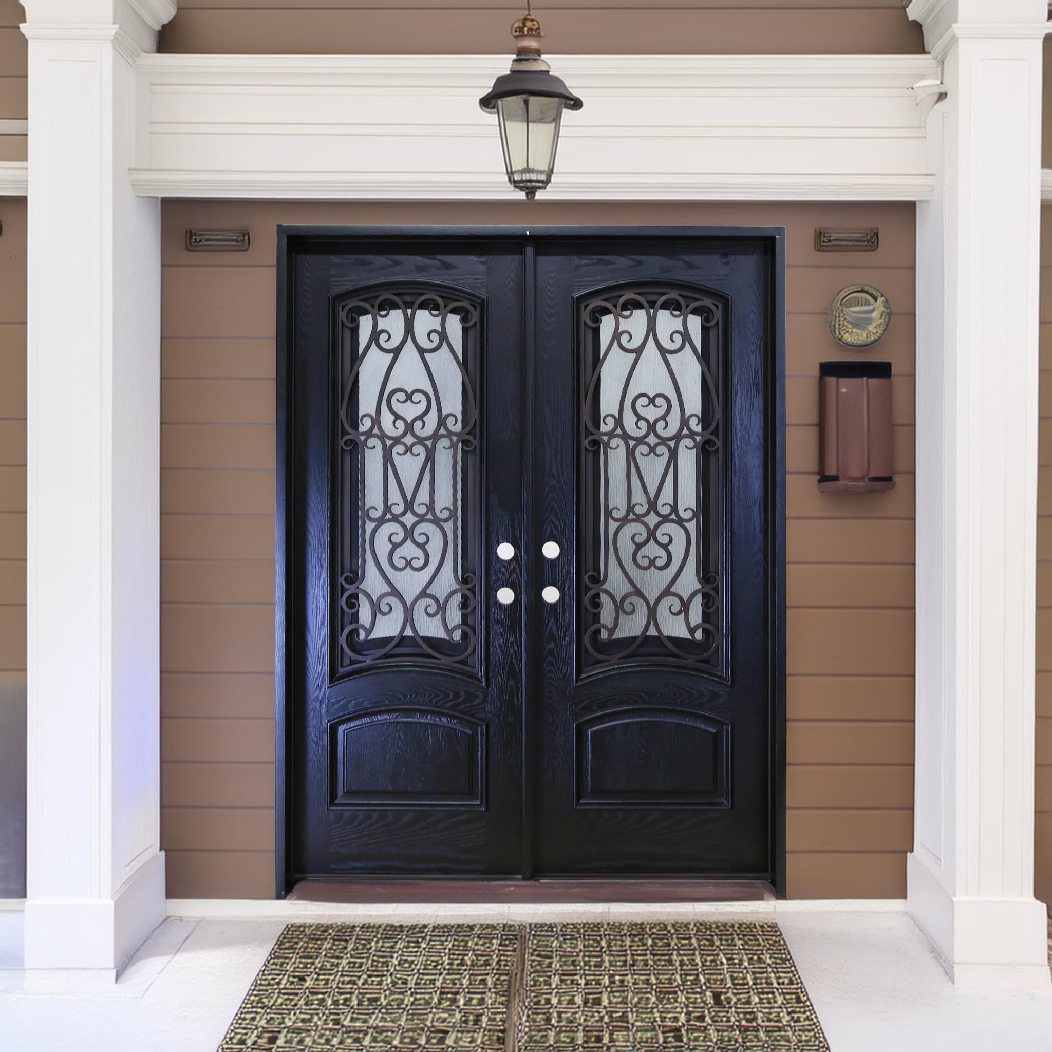 72" x 80" Environment Damage Resistant Polyurethane Composite Exterior Entry House Front Door, Wrought Iron Door w/Openable Tempered Rain Glass Window, Right-Hand Double Espresso