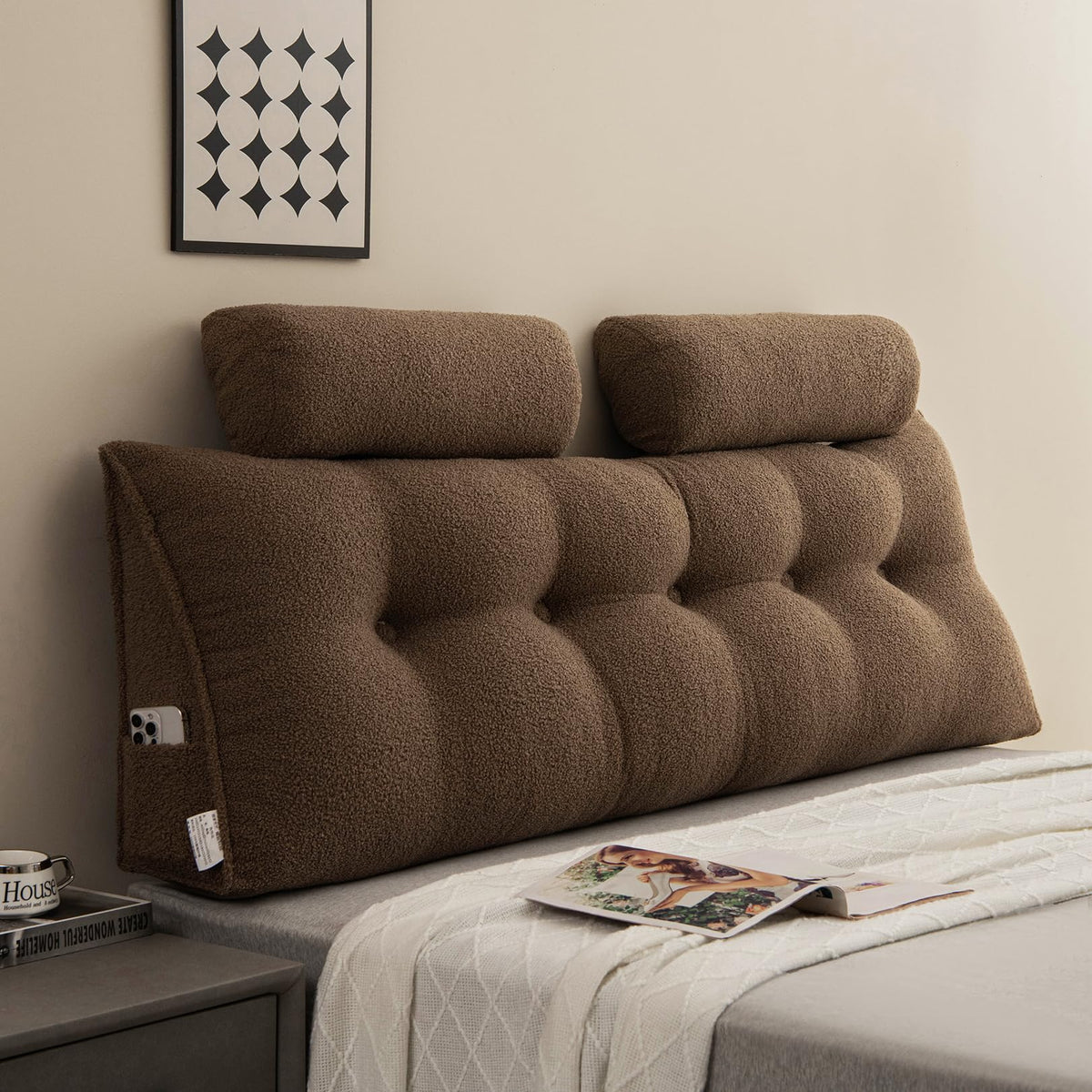 SRXBYWS Wedge Headboard Pillow King Size Headboard Pillow,Headboard Wedge Pillow with 2 Pack Neck Roll Pillow Large,Removable Cover,with Two Large Side Pockets,for Headboard Pillow/Dark Brown