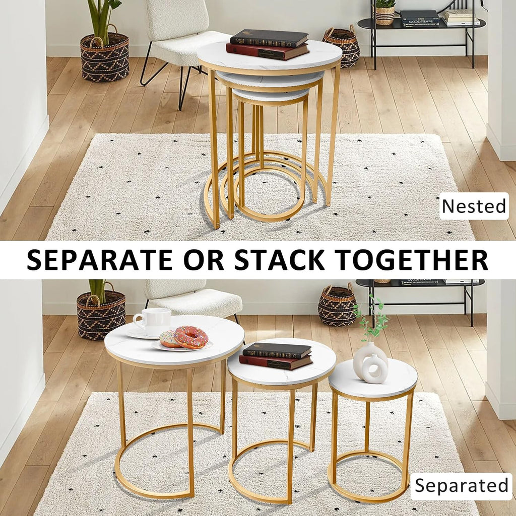 AT-VALY Nesting Tables Coffee Table Set of 3,Round Side Table Small Accent Table for Living Room,Bedroom Apartment (Gold)