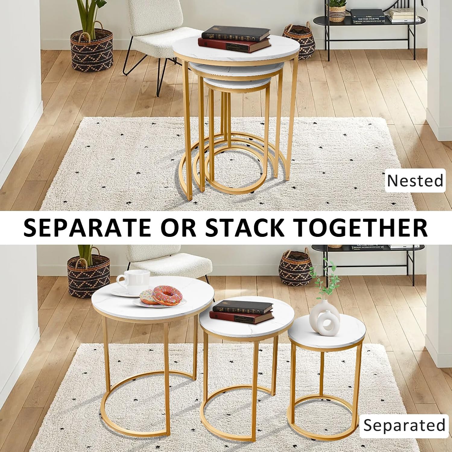 AT-VALY Nesting Tables Coffee Table Set of 3,Round Side Table Small Accent Table for Living Room,Bedroom Apartment (Gold)