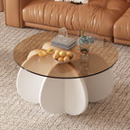 Glass Coffee Table, Mid Century Modern Design, 31.5'' Modern Round Tempered Glass Coffee Tables for Living Room, Cocktail Table for Small Space Home Office. (White + Brown)