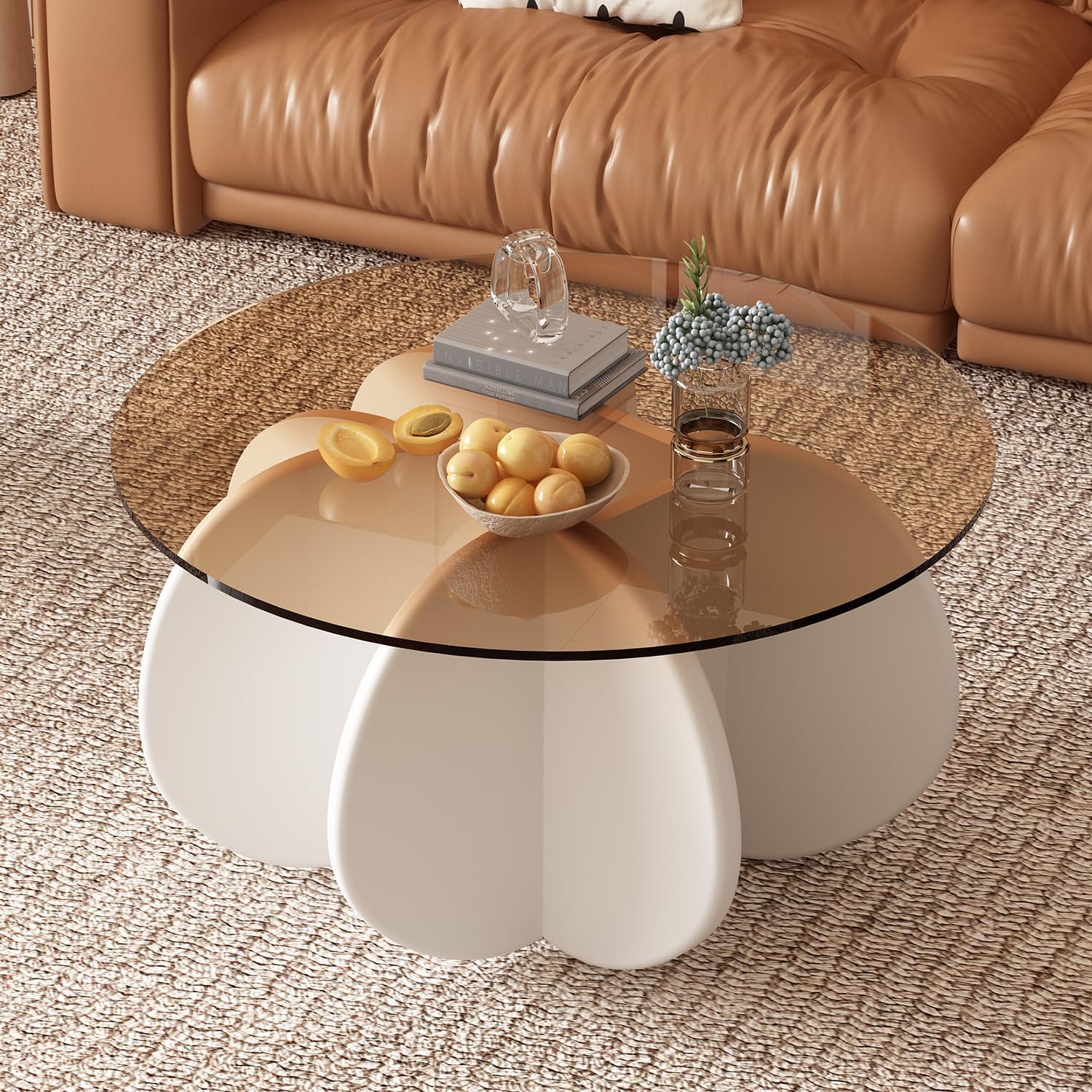 Glass Coffee Table, Mid Century Modern Design, 31.5'' Modern Round Tempered Glass Coffee Tables for Living Room, Cocktail Table for Small Space Home Office. (White + Brown)