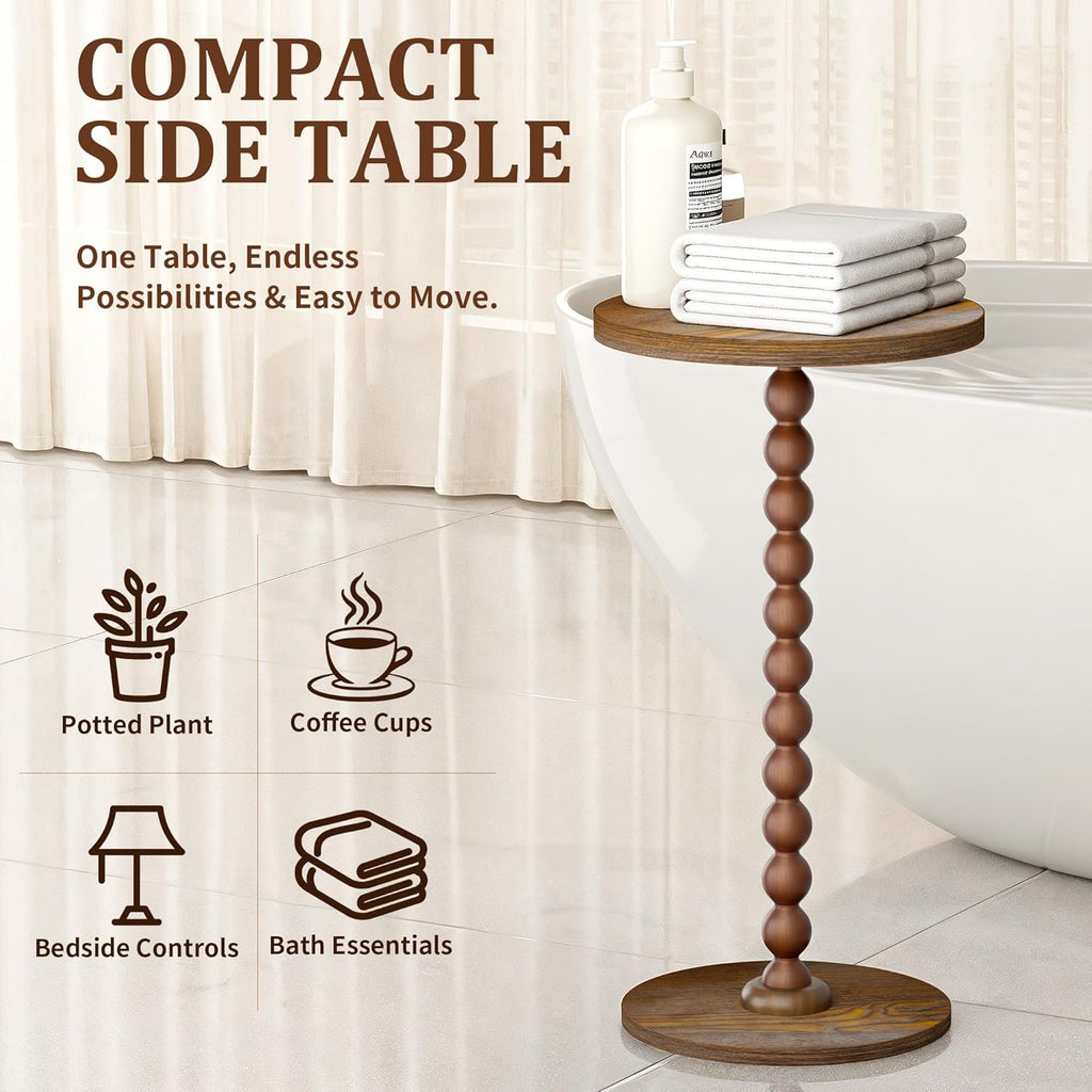 Round Side Table, Drink Table for Small Spaces, Modern Accent Nightstand with Rubberwood Leg for Living Room, Bedroom, Corners, and Office (Brown)