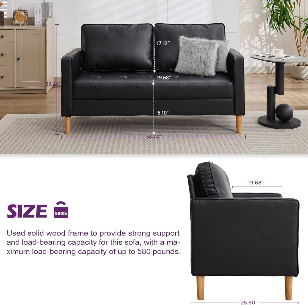 TYBOATLE 57" Small Black Faux Leather Sofa Couches, 3 Piece Living Room Set, Mid-Century Modern Tufted Comfy Loveseat, 2 Seater Office Couch Love Seat for Small Space Bedroom Drom Apartment