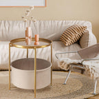 danpinera Round Side Table with Fabric Storage Basket, Metal Side Small Bedside Table Nightstand with Removable Tray Top for Living Room, Bedroom, Nursery, Laundry, Gold