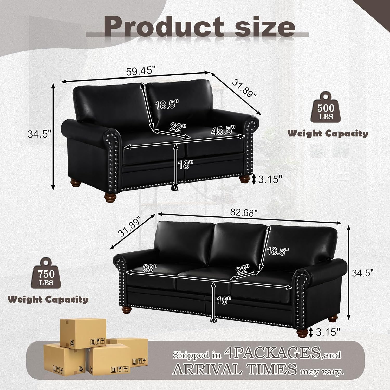 2 Piece Faux Leather Sofa Set,Modern Couch and Loveseat Sets with Storage,Mid Century Couch with Rivet Rolled Arm,Comfy Deep Seat Couch,Furniture for Living Room,Office(Loveseat+3 Seater,Black)