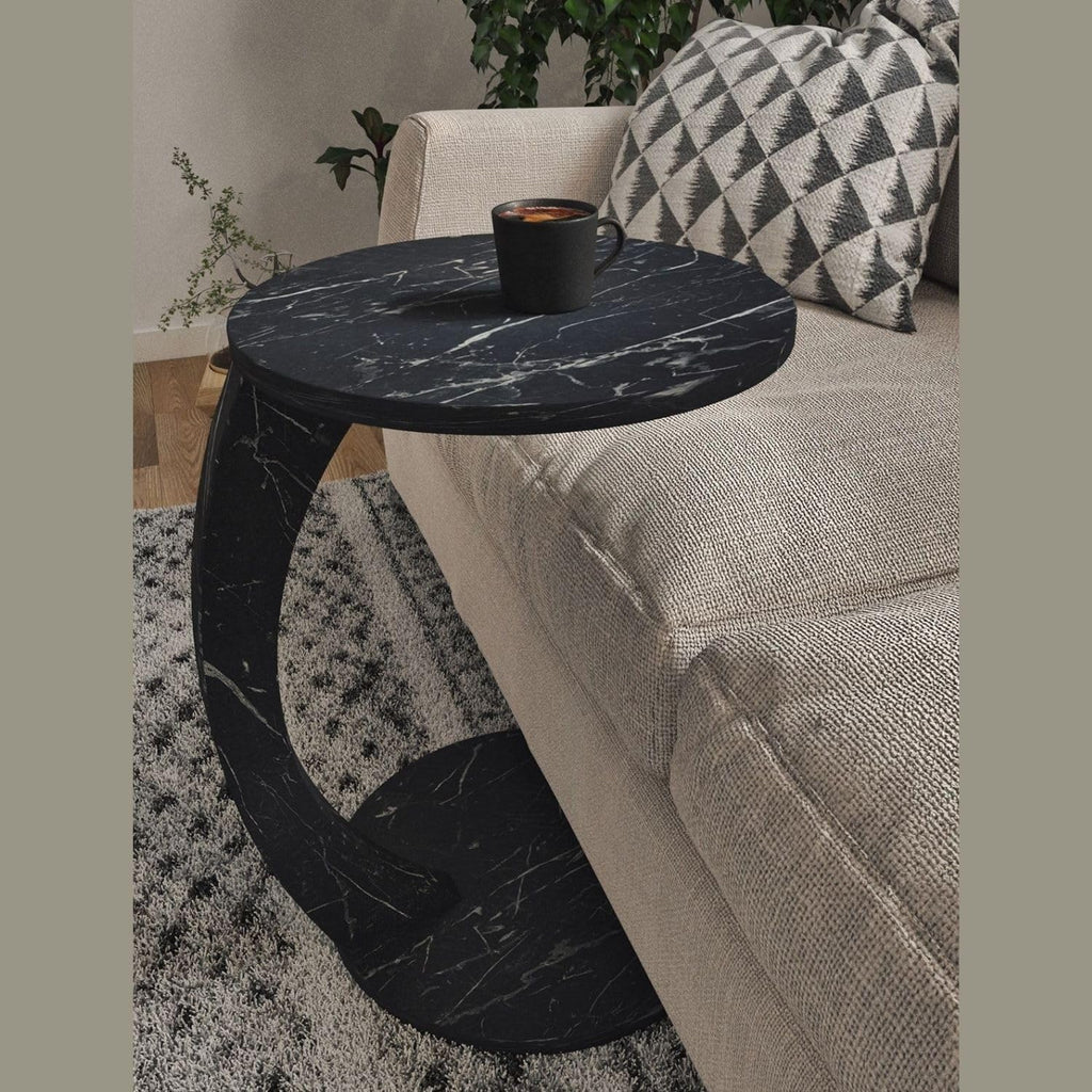 C Shaped End Table for Couch Small Places, Faux Marble White Space Saver Round Side Table for Sofa and Bedside with Wheels, Coffee and Snack Time Tray for Living Room (White Marble)