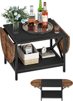 47.2" Folding Coffee Table, 2-Tier Extendable Coffee Table, Vintage Center Table with 2 Drop Leaves, with Storage Shelf, for Living Room, Bedroom, Balcony, Rustic Brown and Black TKF02BF
