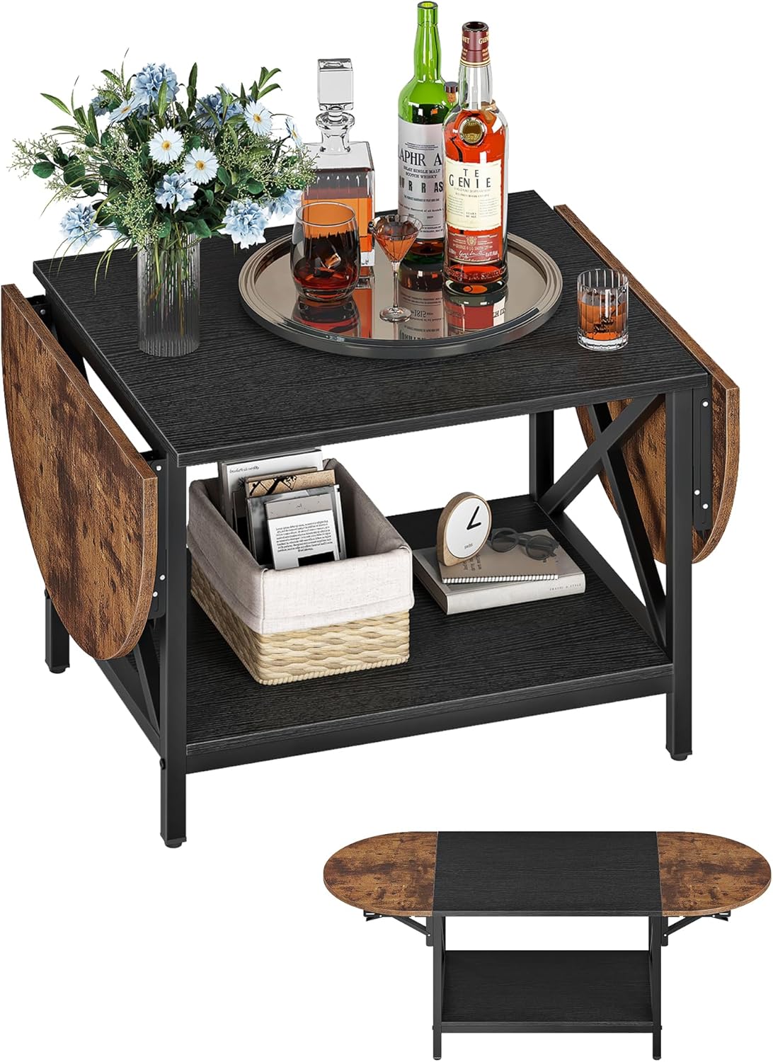 47.2" Folding Coffee Table, 2-Tier Extendable Coffee Table, Vintage Center Table with 2 Drop Leaves, with Storage Shelf, for Living Room, Bedroom, Balcony, Rustic Brown and Black TKF02BF