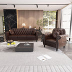 AVZEAR Chesterfield 3-Piece Living Room Sectional Sofa Set, Mid-Century Modern Upholstered PU Couch, Classic Tufted Button Sofa with Nailhead Trim for Living Room, Office (Brown)