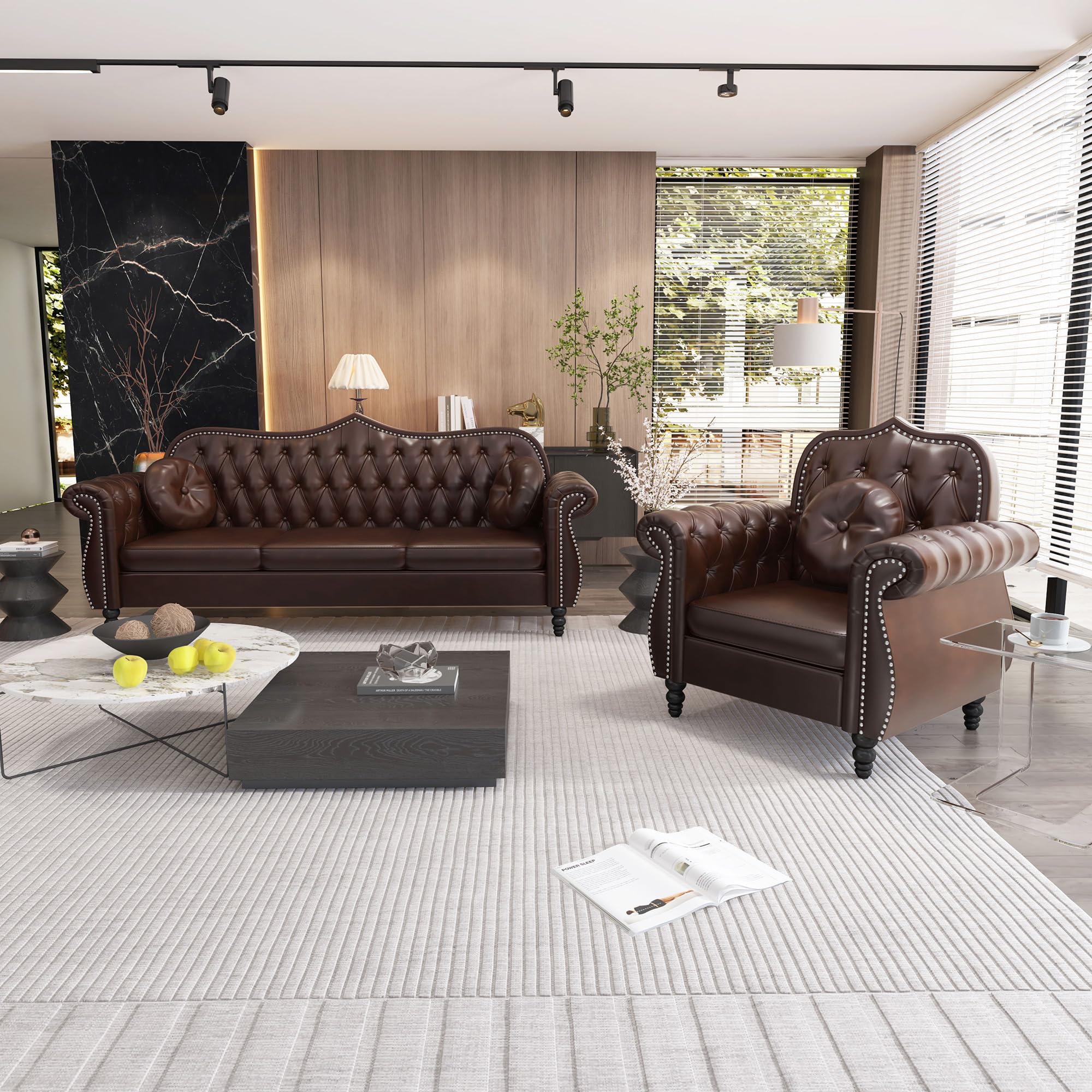 AVZEAR Chesterfield 3-Piece Living Room Sectional Sofa Set, Mid-Century Modern Upholstered PU Couch, Classic Tufted Button Sofa with Nailhead Trim for Living Room, Office (Brown)