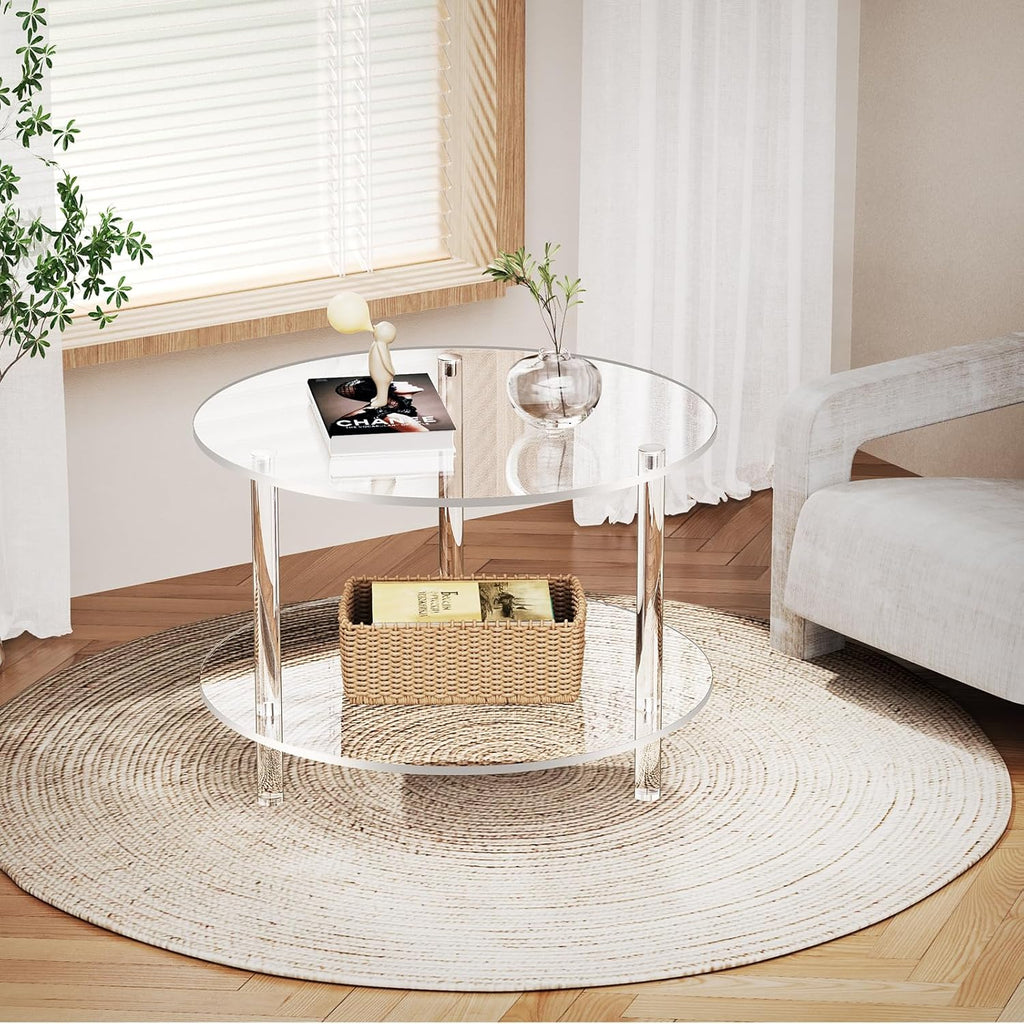 Acrylic Coffee Table, Small Round Modern Coffee Table for Living Room,23.6" D x 23.6" W x 16.5" H