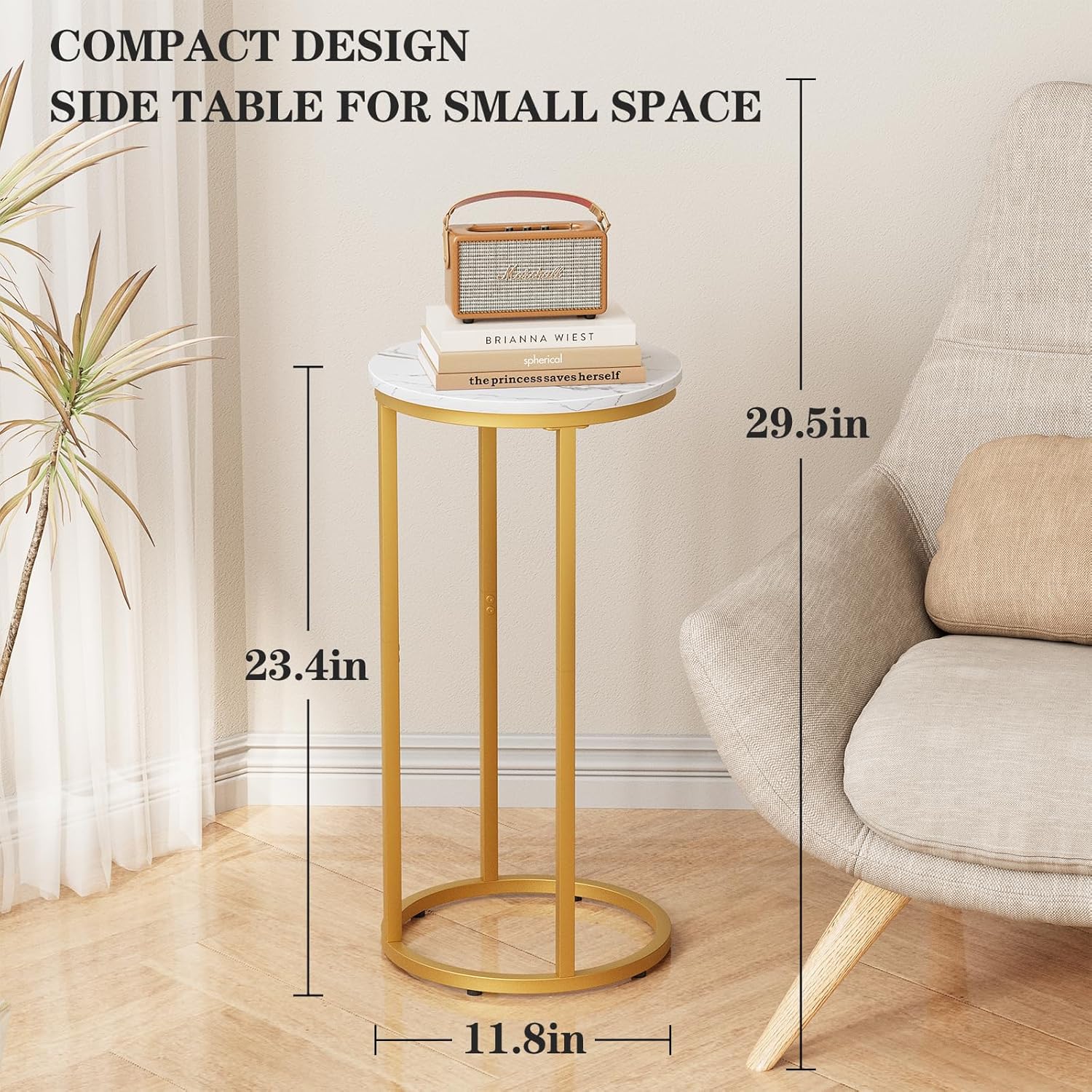 C Shaped end Table,Wood Round Side Table for Couch,Small Sofa Table with Metal Frame for Bedroom,Living Room,Bedside,Gold Color(11.81" D x 11.81" W x 23.62" H)