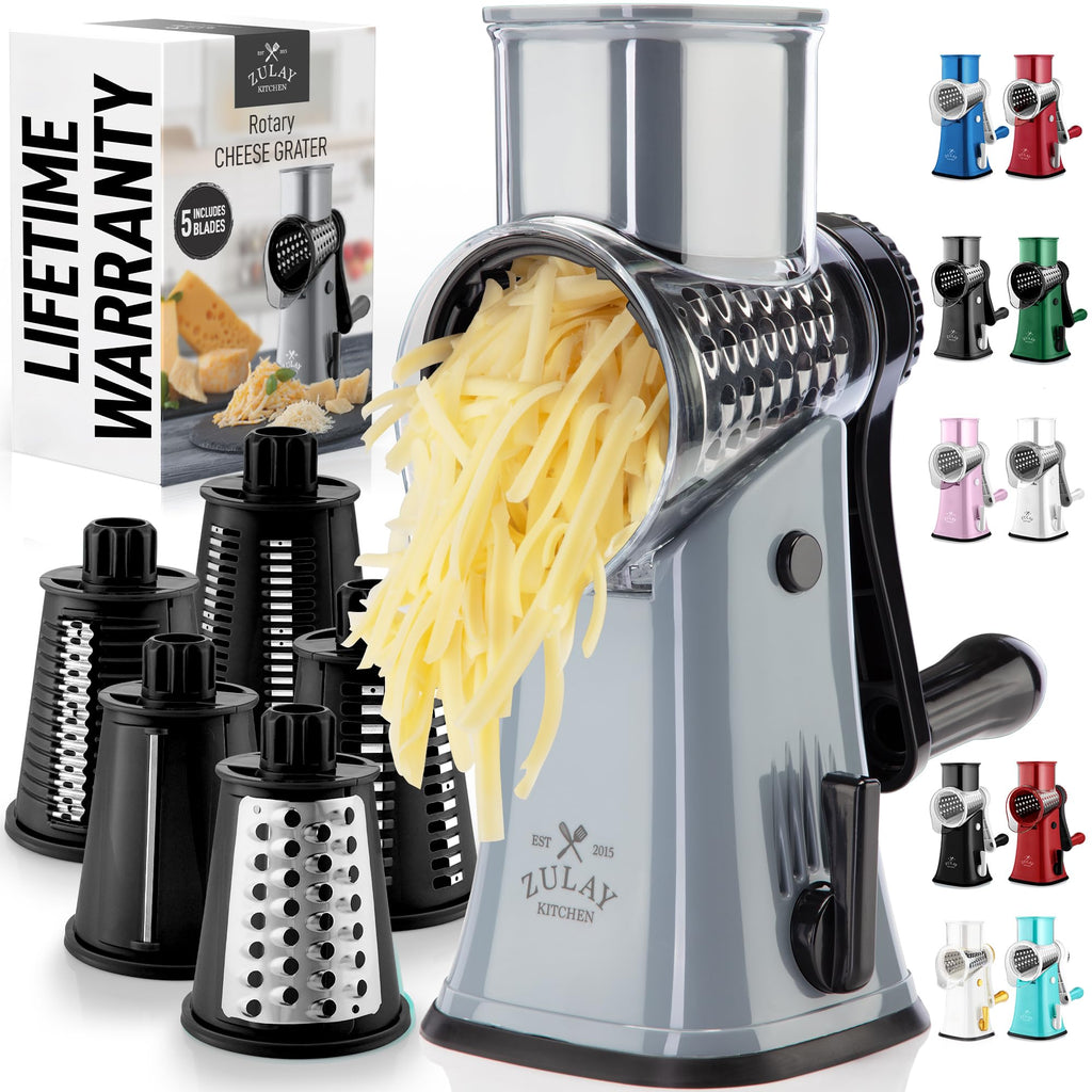 Zulay Rotary Cheese Grater 3 Blade Cheese Shredder - Manual Hand Crank Cheese Grater With Reinforced Suction & 3 Interchangeable Drums - Easy to Use Vegetable Chopper - Black
