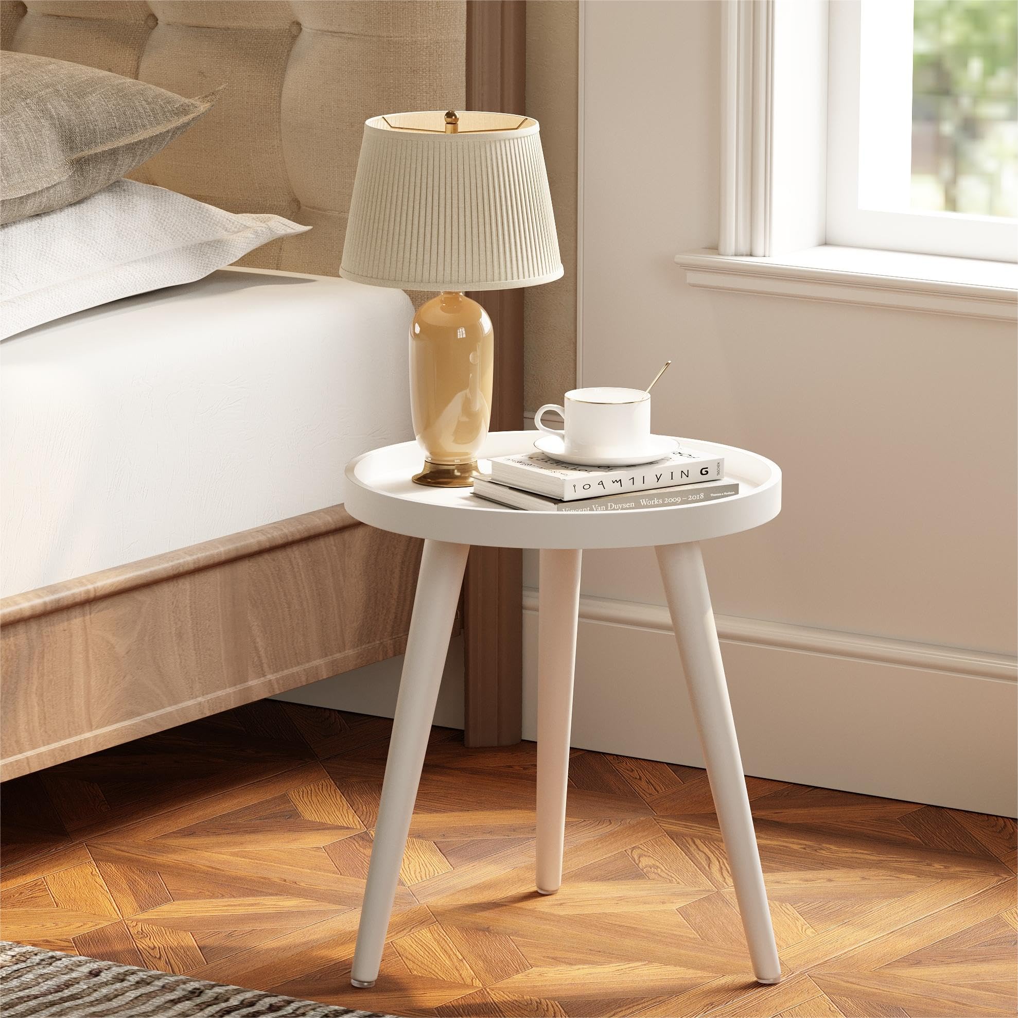 Apicizon Round Side Table, White Tray Nightstand Coffee End Table for Living Room, Bedroom, Small Spaces, Easy Assembly Bedside Table, 15 x 18 Inches