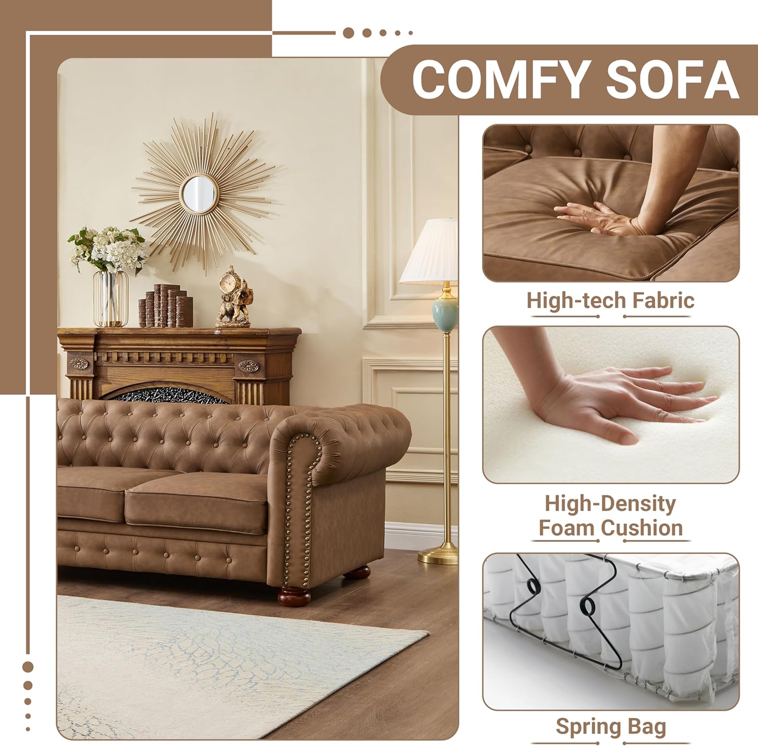 Chesterfield Leather Sofa, 89" Mid Century Modern Couch with Low Back, Roll Arm Nailhead Trim Classic 3 Seater Couch for Living Room, Office, Apartment, Faux Leather Brown