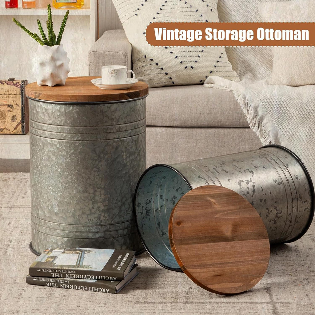 Poofzy Farmhouse End Tables Set of 2, Galvanized Metal Decor Side Table with Wood Lid, Coffee Table Storage Stool for Living Room (Grey)