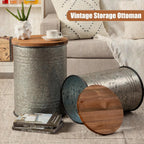 Poofzy Farmhouse End Tables Set of 2, Galvanized Metal Decor Side Table with Wood Lid, Coffee Table Storage Stool for Living Room (Grey)