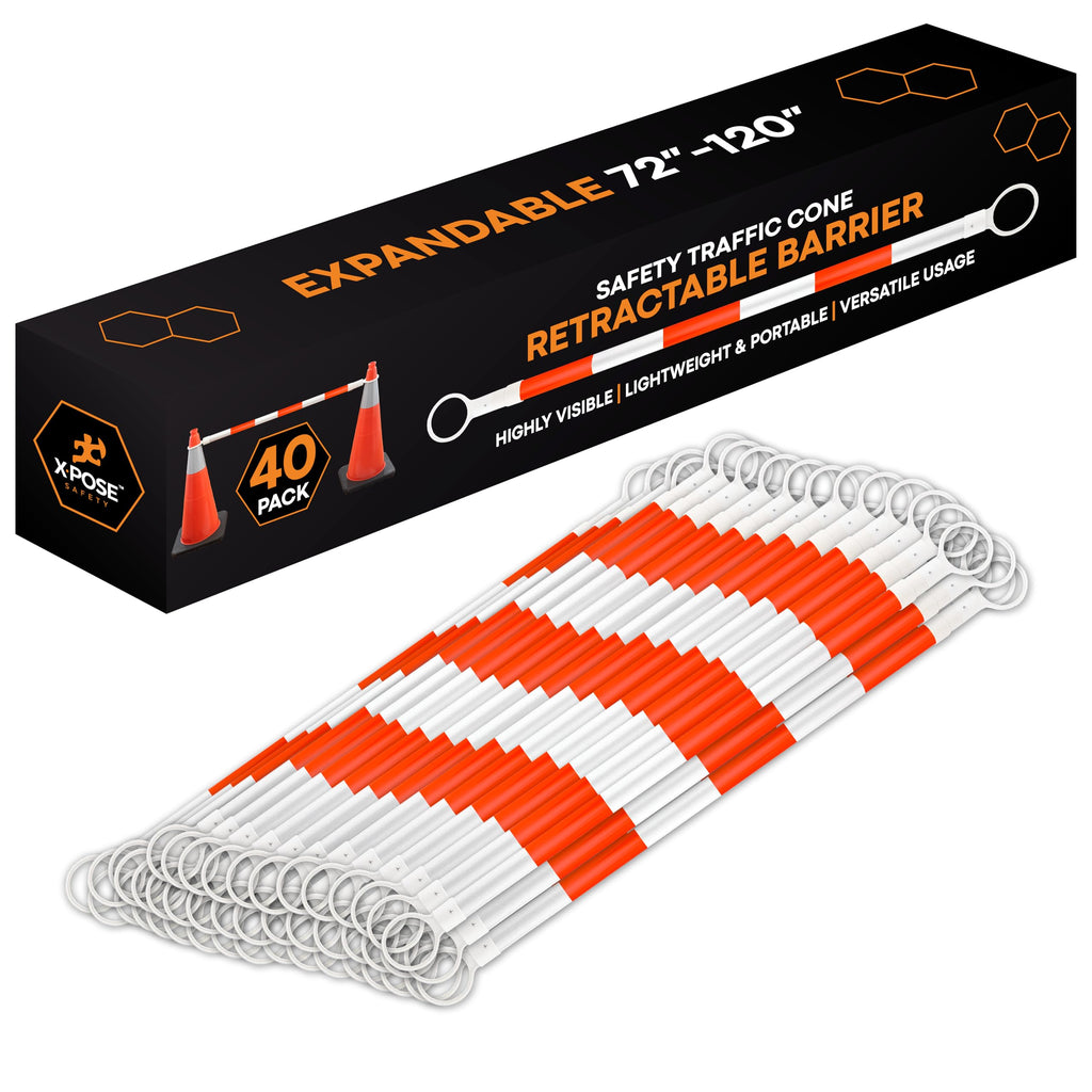 Retractable Barrier for Safety Traffic Cones - 2" OD - Large Yellow and Black Bar Barricade - for Road Construction, Parking, Warning, Temporary Security Divider (40, Orange & White, 72" x 120")