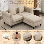 Mid-Century Modern Chesterfield Sofa with Ottoman, Linen Loveseat Classical Retro 2 Seater Couch Tufted Deep Seat Sofa Pet Friendly Sofa Victorian Couch for Living Room (Grey)