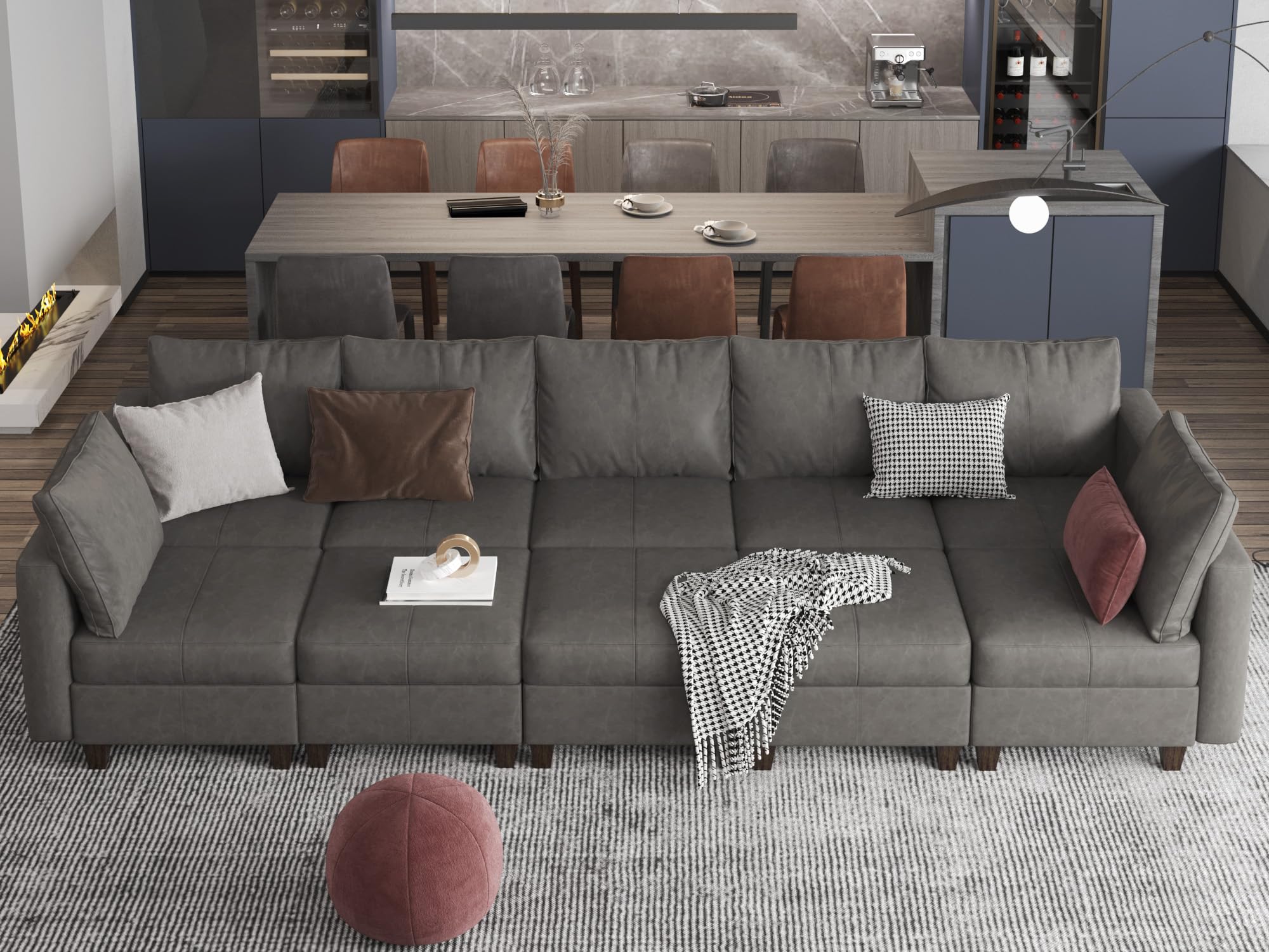 EASE MOOSE Faux Leather Sectional Modular Sleeper Sofa Sectional Sofa Bed with Storage, Faux Leather Modular Sofa Sectional Couch Brown