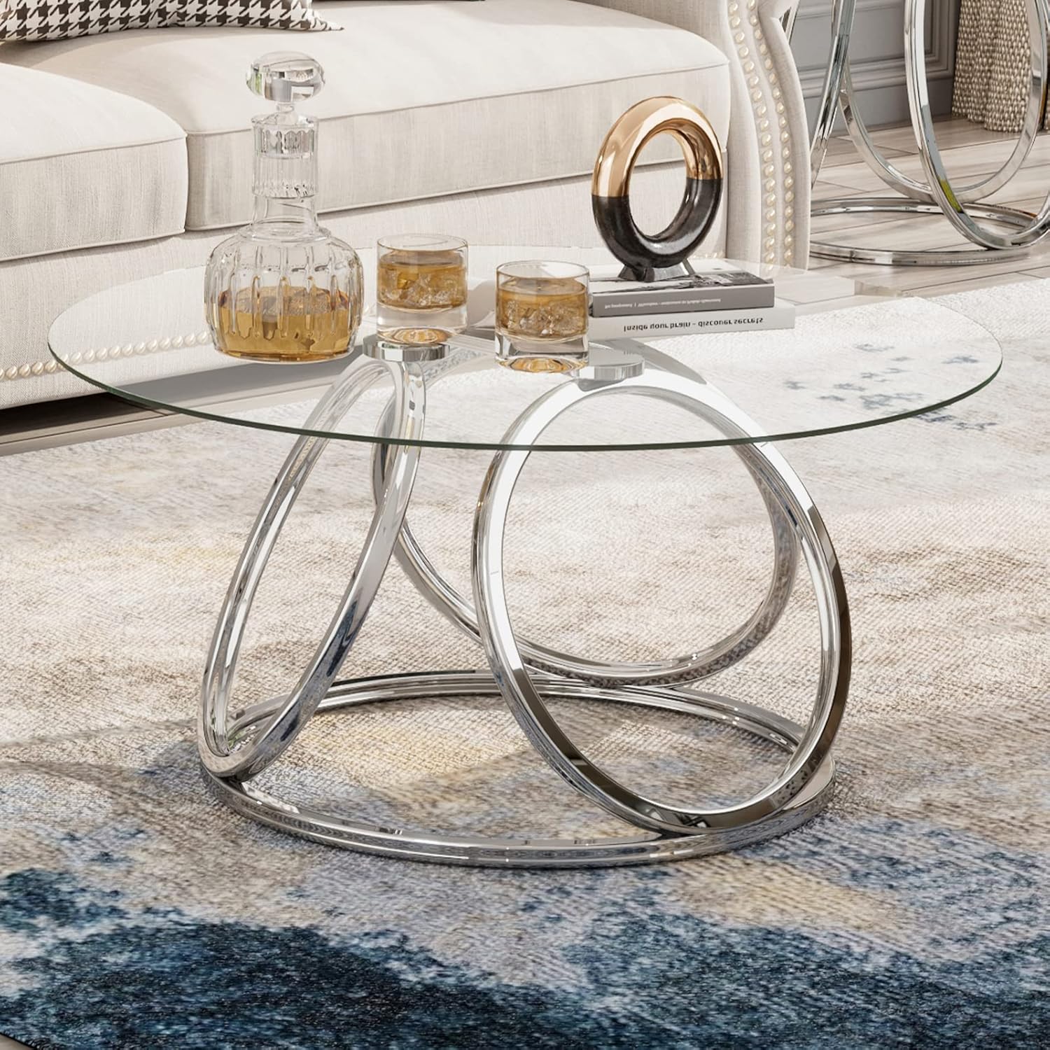 O&K FURNITURE Silver Coffee Table, Modern Glass Coffee Table Living Room Table with Ring-Shaped Frames, Glass Coffee Table for Home&Office, Chrome Finish, 1 PC